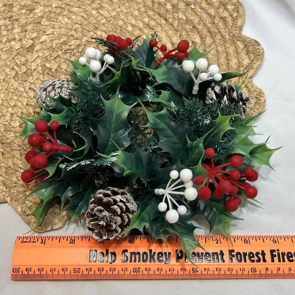 Vintage Candle Ring Wreath MCM Mid Century Flocked Red Berries Holly Pinecones